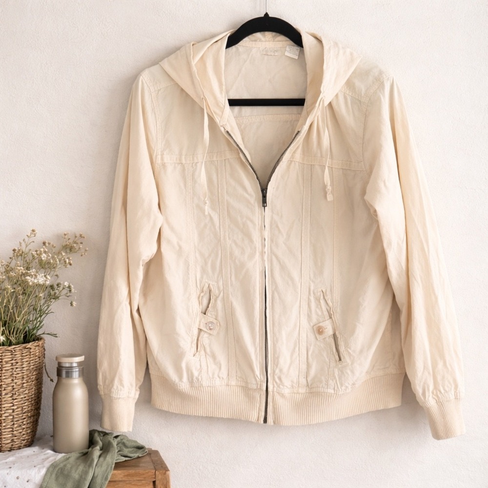 Cream Cotton Hooded Bomber Windbreaker Jacket L Vintage Y2K Granola Girl Coastal